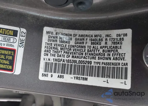 2009 Honda Civic Lx from USA, damaged, VIN 1HGFA16539L005299